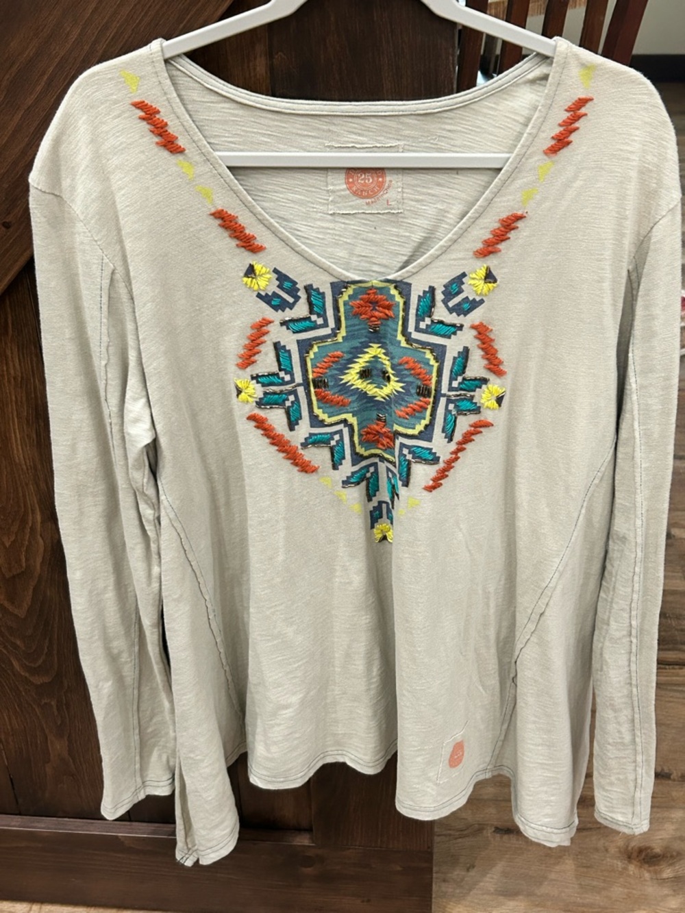 Double D Ranch Neutral Long-Sleeve Top with Multicolor Aztec Embroidery